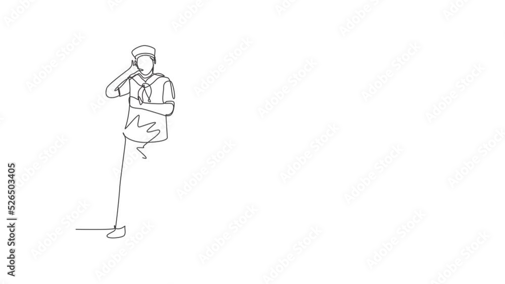 Poster animated self drawing of continuous line draw sailor man stands with call me gesture and scarf aroun