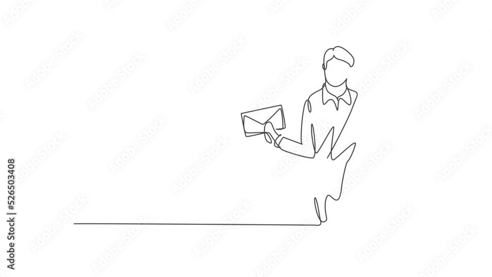 Poster self drawing animation of single continuous line draw postman wearing hat, sling bag, and uniform wi