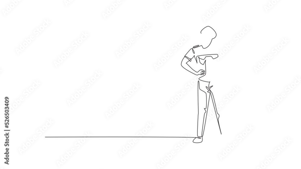 Poster animated self drawing of continuous line draw pilot stands with call me gesture and complete uniform