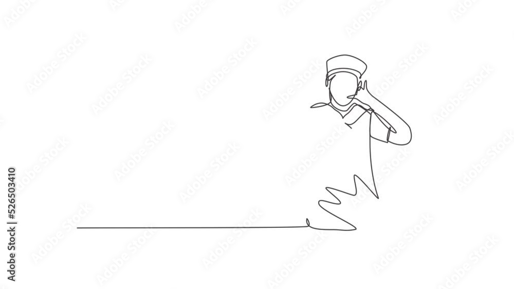Poster self drawing animation of single one line draw sailor man with call me gesture and scarf around his 