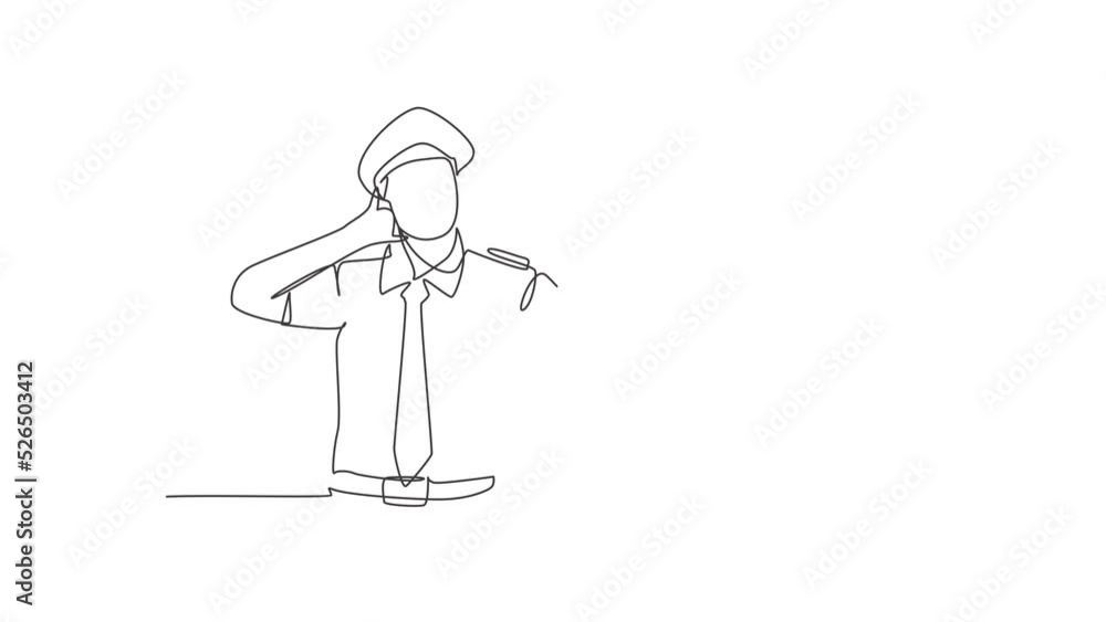 Poster animated self drawing of continuous line draw pilot with call me gesture and full uniform ready to f
