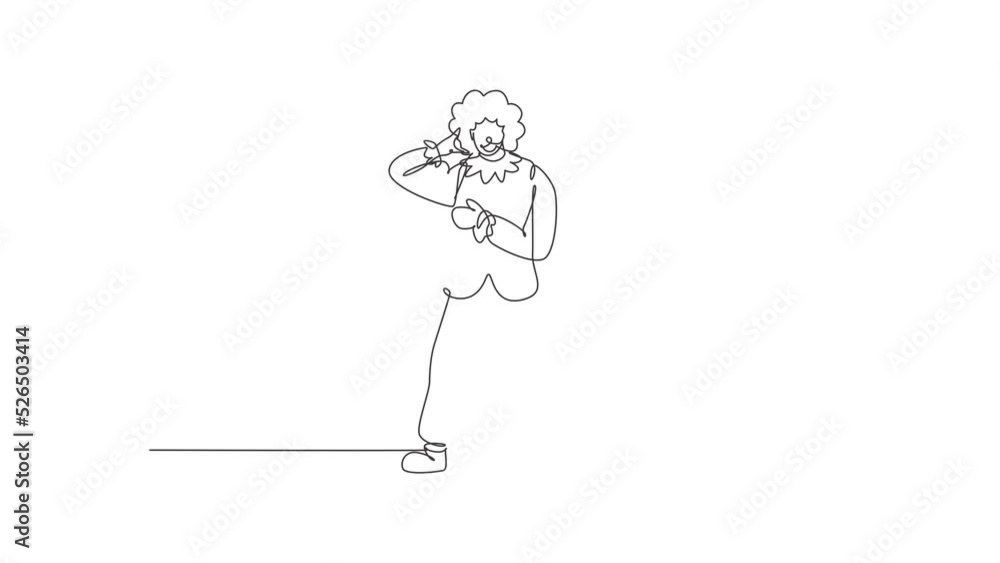 Poster self drawing animation of single line draw clown stands with call me gesture wearing wig and clown c