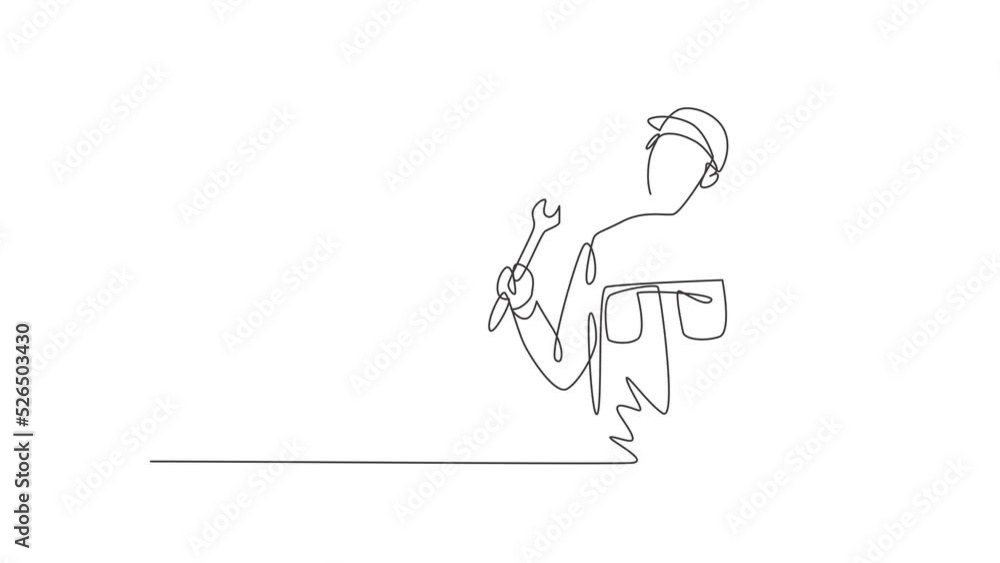 Poster animated self drawing of continuous one line draw mechanic with call me gesture and holding wrench w