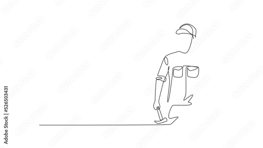 Poster animated self drawing of continuous line draw carpenter with call me gesture works in workshop makin