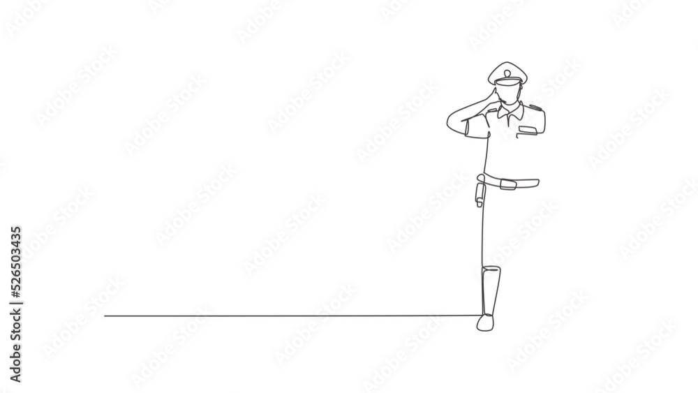 Poster animated self drawing of continuous line draw policeman standing with call me gesture and full unifo