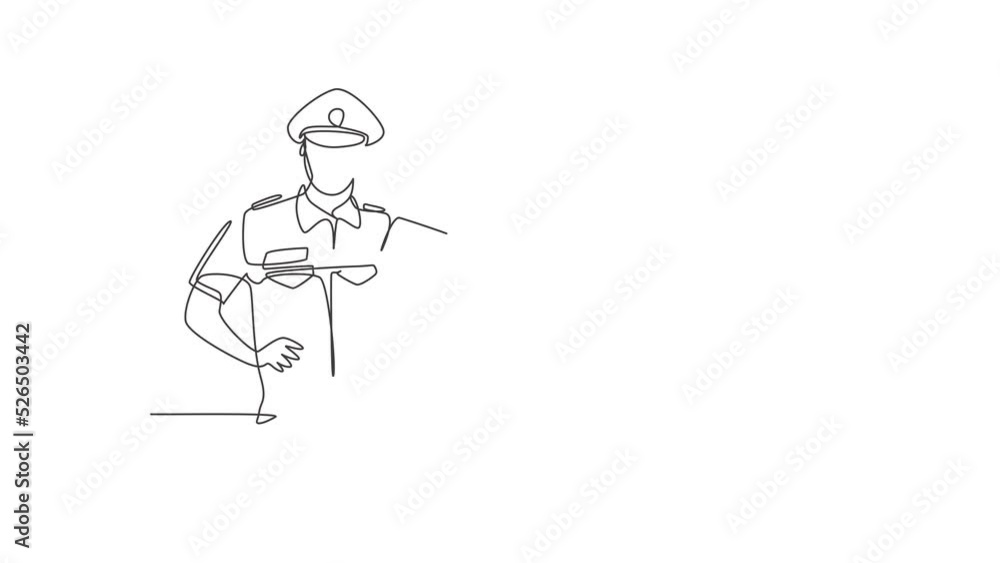 Poster animated self drawing of single continuous line draw policeman with call me gesture and uniform is r