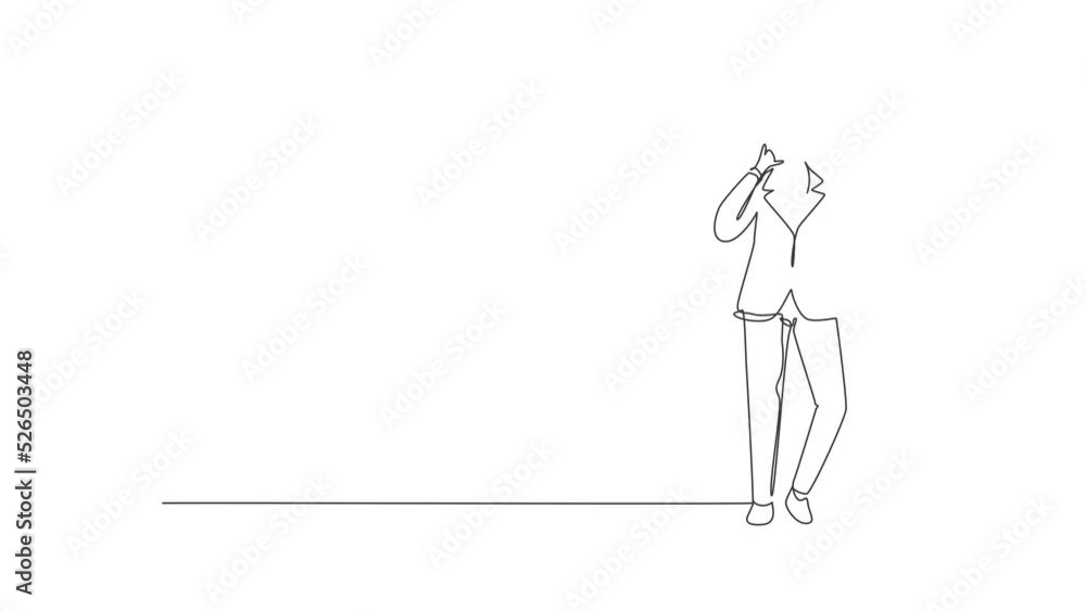 Poster animated self drawing of continuous line draw magician stands with call me gesture wearing hat and h