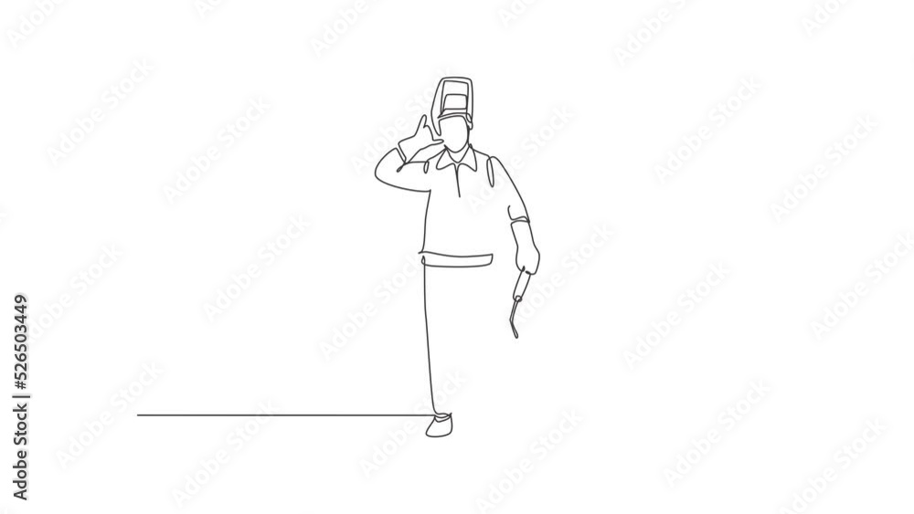 Poster self drawing animation of single line draw welder stands with call me gesture and face shield remove