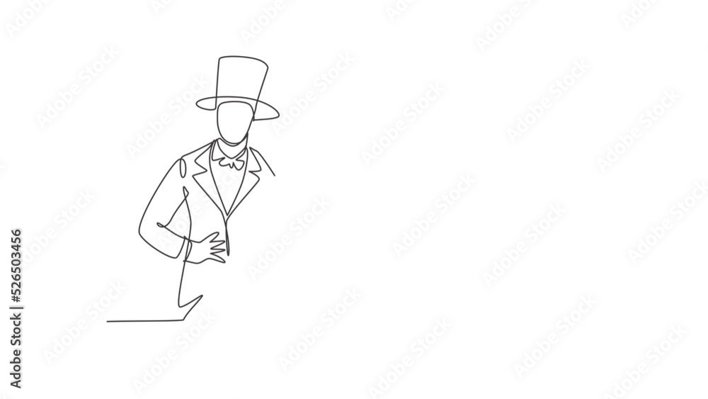 Poster animated self drawing of continuous one line draw magician with call me gesture wearing hat and hold