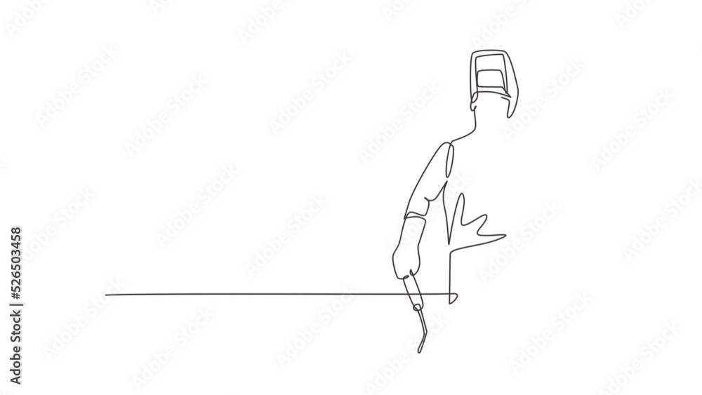 Poster animated self drawing of single continuous line draw welder with call me gesture works in the constr