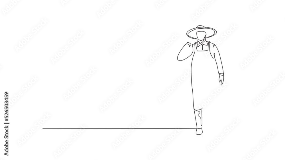 Poster animated self drawing of single continuous line draw farmer stood with call me gesture, wearing stra