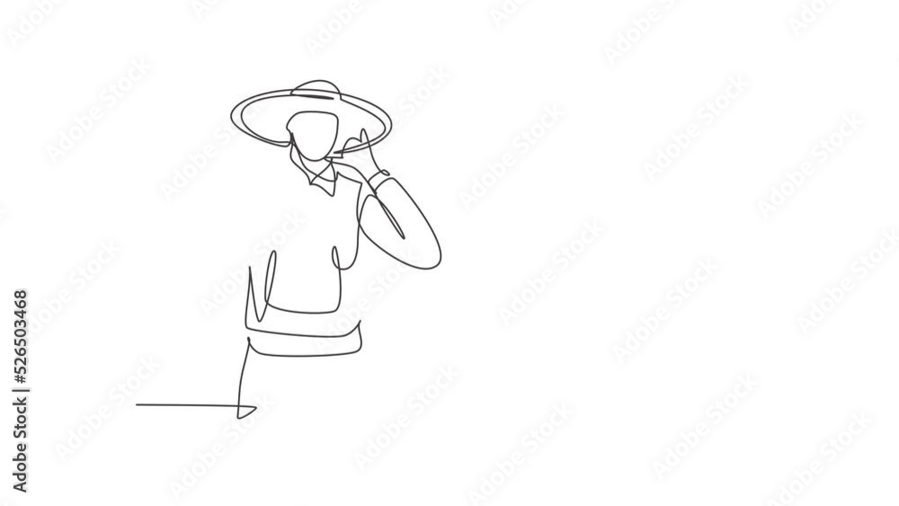 Poster animated self drawing of single continuous line draw farmer with call me gesture wearing straw hat a