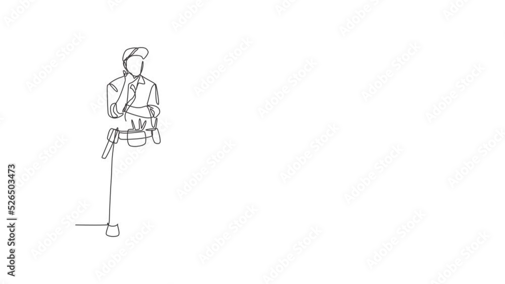 Poster self drawing of single one line draw handyman stands with call me gesture and tools such as pliers, 