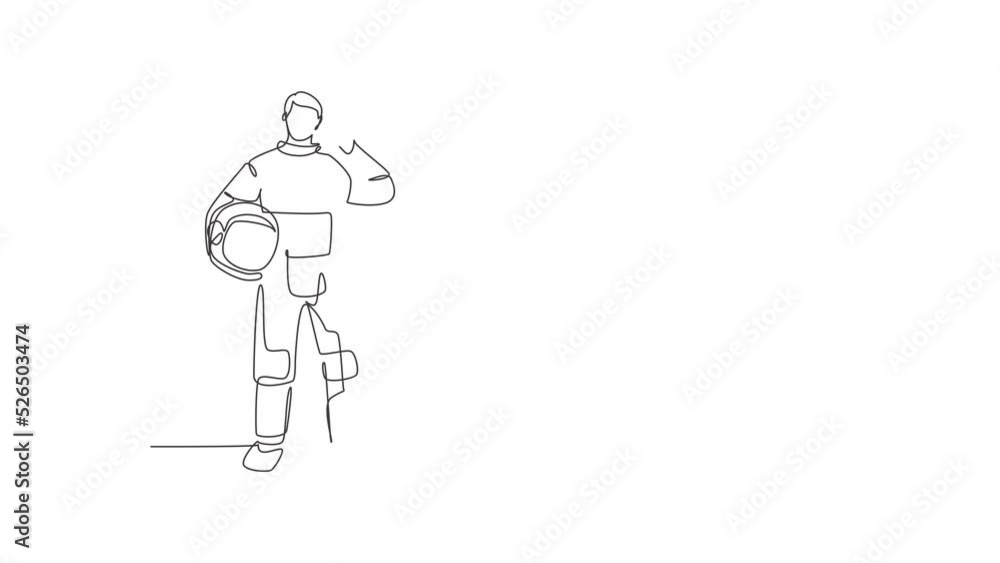 Poster animated self drawing of single continuous line draw astronaut stands with call me gesture wearing s