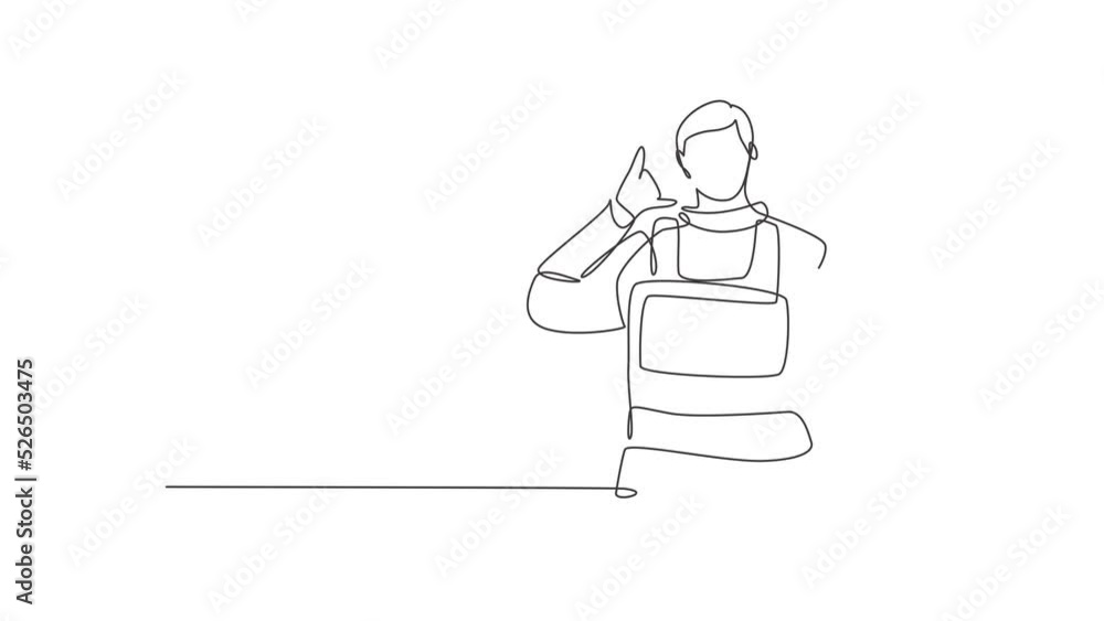 Poster animated self drawing of single continuous line draw astronaut with call me gesture wearing spacesui