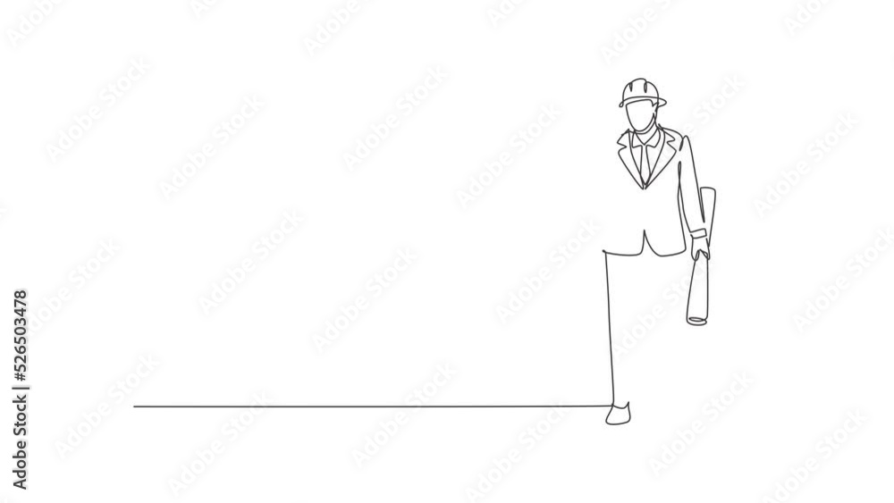 Poster self drawing animation of single line draw architect stood, call me gesture, wearing helmet carrying