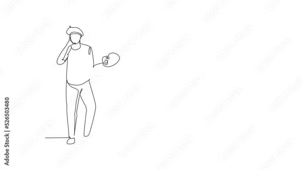 Poster self drawing animation of single line draw artist painter stands with call me gesture using a hat an