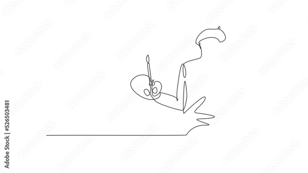 Poster animated self drawing of continuous one line draw artist painter with call me gesture using painting