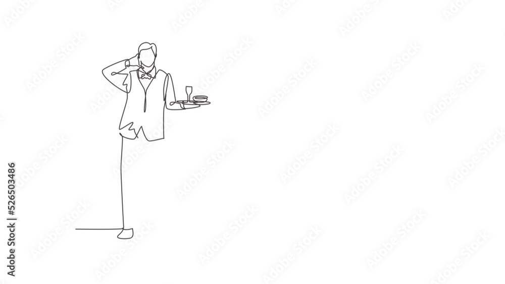 Poster animated self drawing of single continuous line draw waiter stood up with call me gesture and brough