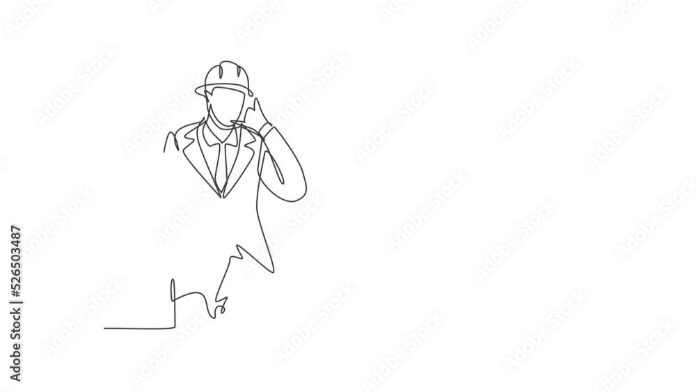 Poster animated self drawing of continuous line draw architect with call me gesture and wearing helmet carr