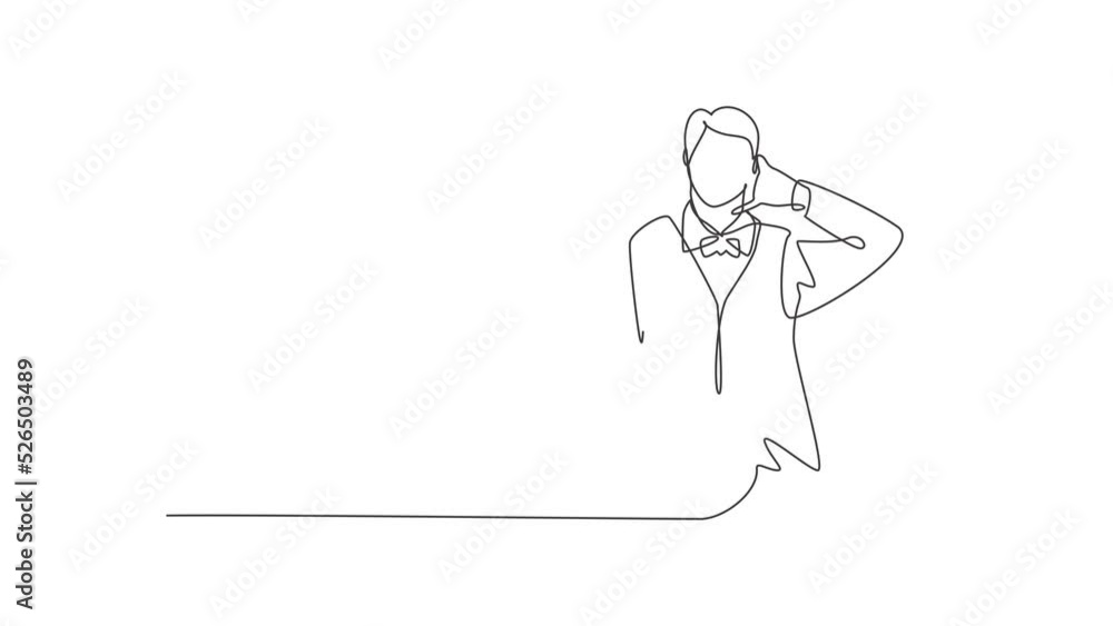 Poster animated self drawing of continuous line draw waiter with call me gesture and brought a tray of drin