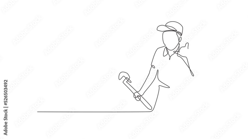 Poster animated self drawing of continuous line draw plumber with call me gesture ready to work on repairin