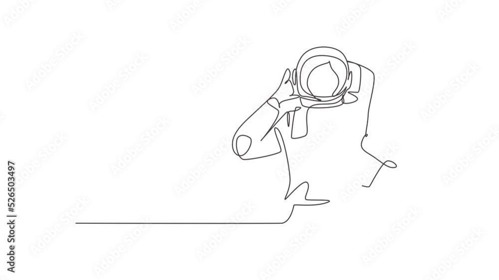 Poster self drawing animation of single line draw female astronaut with call me gesture wearing spacesuits 