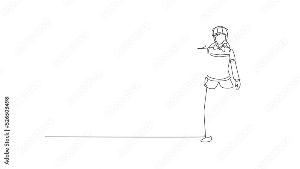 Poster animated self drawing of single continuous line draw female firefighter stood with call me gesture, 