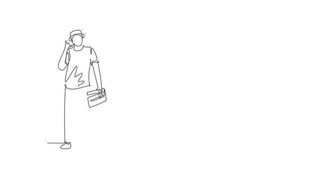Self drawing animation of single line draw film director stands with call me gesture holding clapperboard and prepare camera crew for shooting at tv studio. Continuous line draw. Full length animated.
