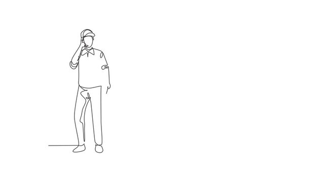 Animated self drawing of single continuous line draw carpenter standing with call me gesture works for wood industry and must be skilled at using carpentry tools. Full length one line animation.