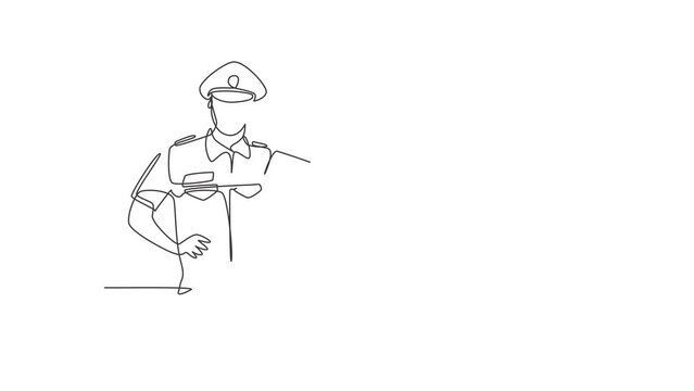 Animated self drawing of single continuous line draw policeman with call me gesture and uniform is ready to enforce traffic discipline on highway. Standby patrol. Full length one line animation.