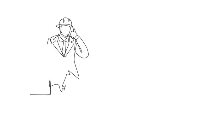 Animated self drawing of continuous line draw architect with call me gesture and wearing helmet carried building construction drawing paper. Success business concept. Full length single line animation