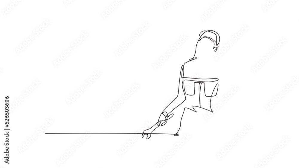 Poster animated self drawing of continuous one line draw female mechanic with call me gesture and holding w
