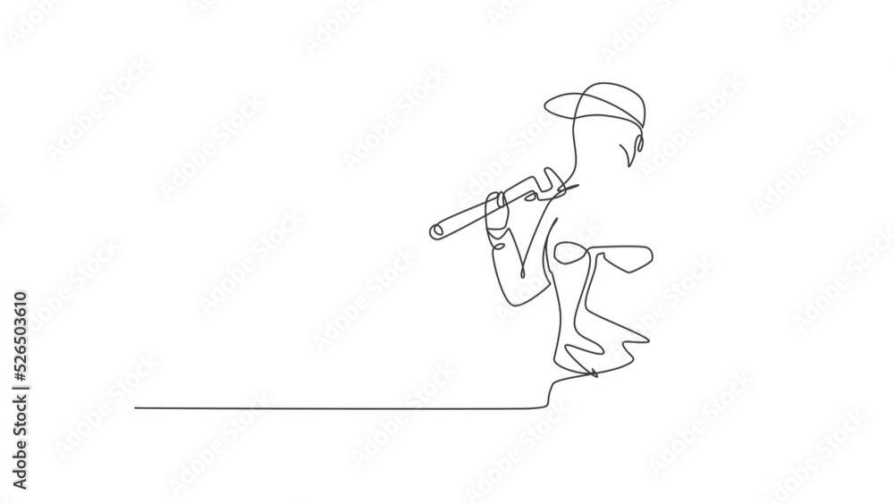 Poster self drawing animation of single one line draw female plumber with call me gesture ready to work on 