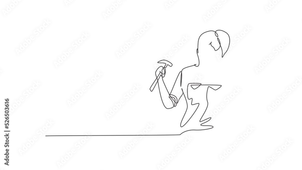 Poster animated self drawing of continuous one line draw female carpenter with call me gesture works in her