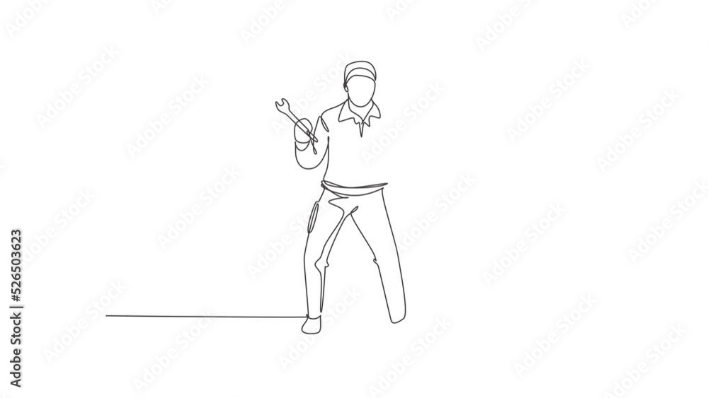Poster self drawing animation of single line draw mechanic stands up with celebrate gesture and holding wre