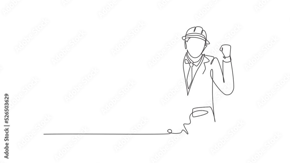 Poster animated self drawing of continuous line draw architect with celebrate gesture and wearing helmet ca