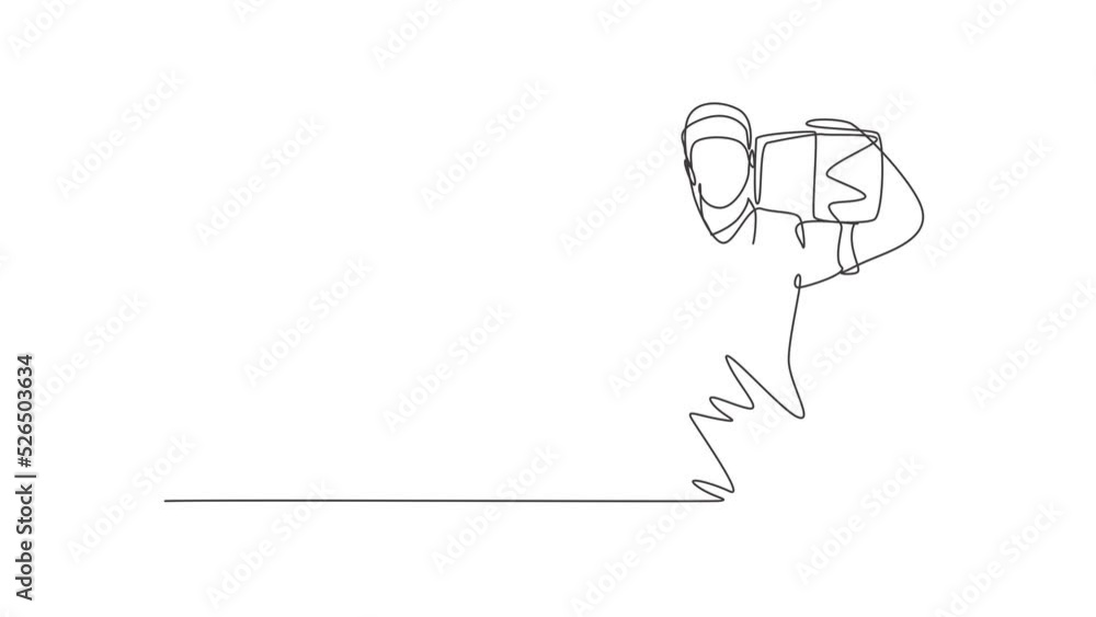 Poster animated self drawing of single continuous line draw deliveryman with celebrate gesture, carrying th