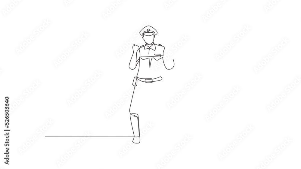 Poster self drawing animation of single line draw policeman standing with celebrate gesture and full unifor