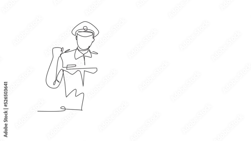 Poster animated self drawing of continuous line draw policeman with celebrate gesture and full uniform is r