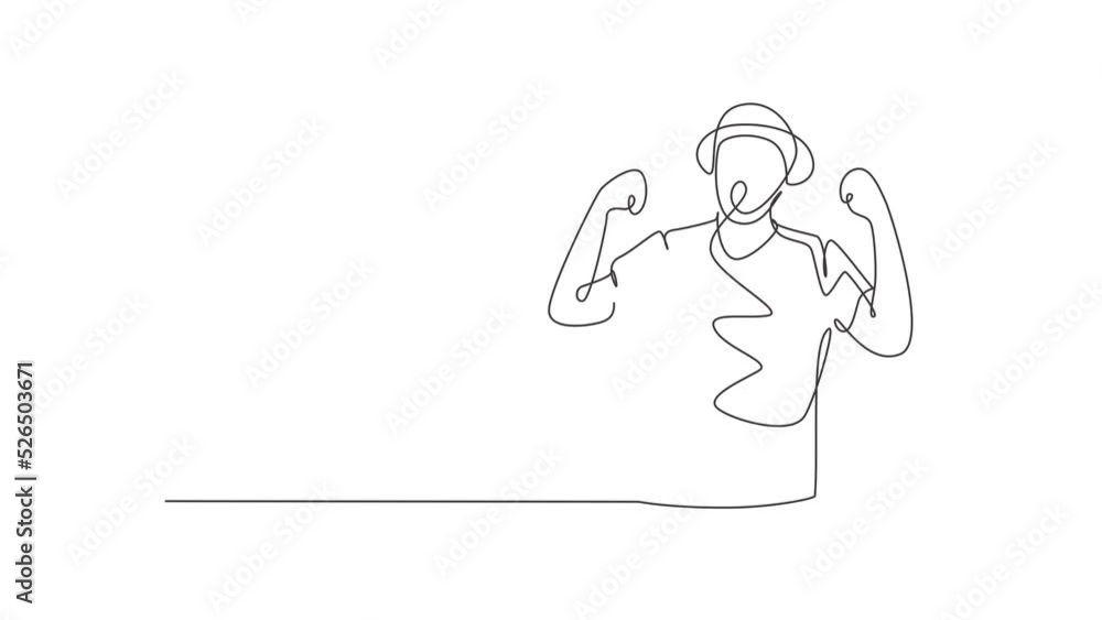 Poster self drawing animation of single one line draw mime artist with celebrate gesture and white face mak
