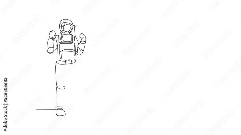 Poster animated self drawing of single continuous line draw astronaut stands with celebrate gesture wearing
