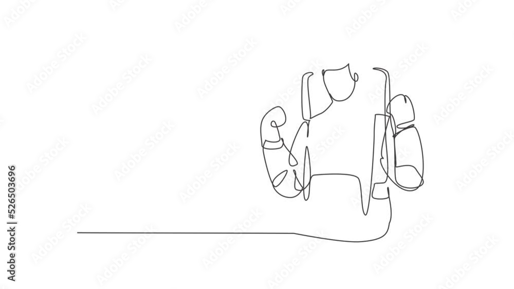 Poster animated self drawing of single continuous line draw astronaut with celebrate gesture wearing spaces