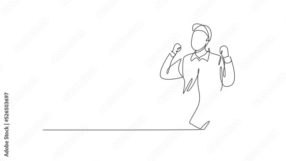 Poster self drawing animation of single line draw handyman with celebrate gesture ready to work on repairin