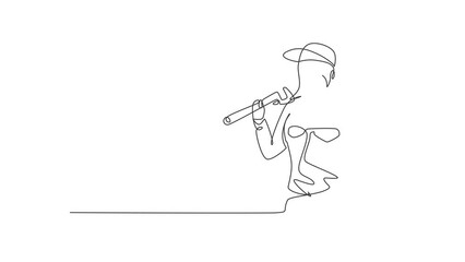 Self drawing animation of single one line draw female plumber with call me gesture ready to work on repairing the leaking drain in sink and house's drains. Continuous line draw. Full length animated.