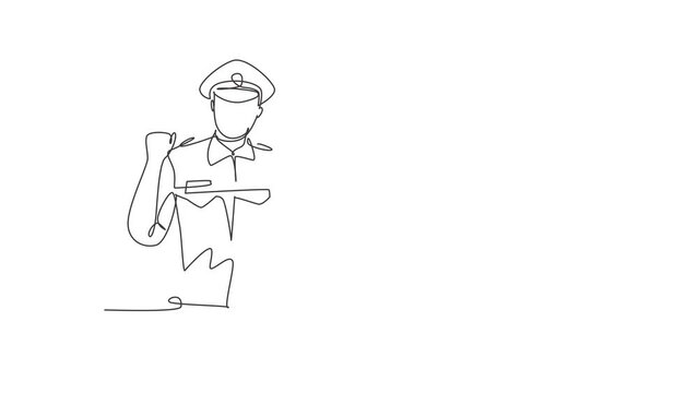 Animated self drawing of continuous line draw policeman with celebrate gesture and full uniform is ready to enforce traffic discipline on highway. Standby on patrol. Full length single line animation.