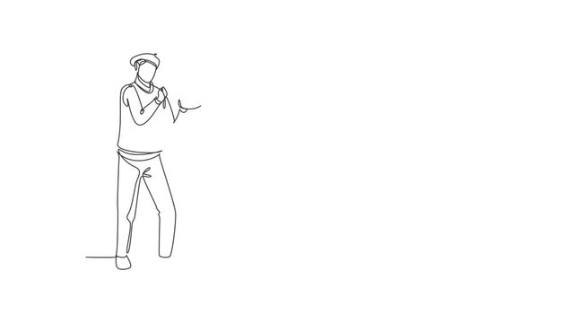 Self drawing animation of single line draw painter stands with celebrate gesture using a hat and painting tools to produce artwork in his workshop studio. Continuous line draw. Full length animated.