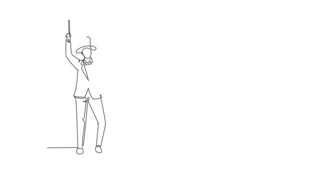Animated self drawing of continuous line draw magician stands with celebrate gesture wearing hat and holding magic wand performing tricks at circus show. Success job. Full length single line animation