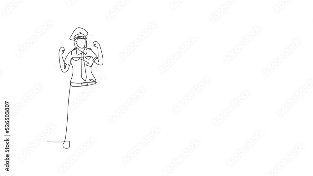 Poster self drawing animation of single one line draw female pilot stands with celebrate gesture and comple