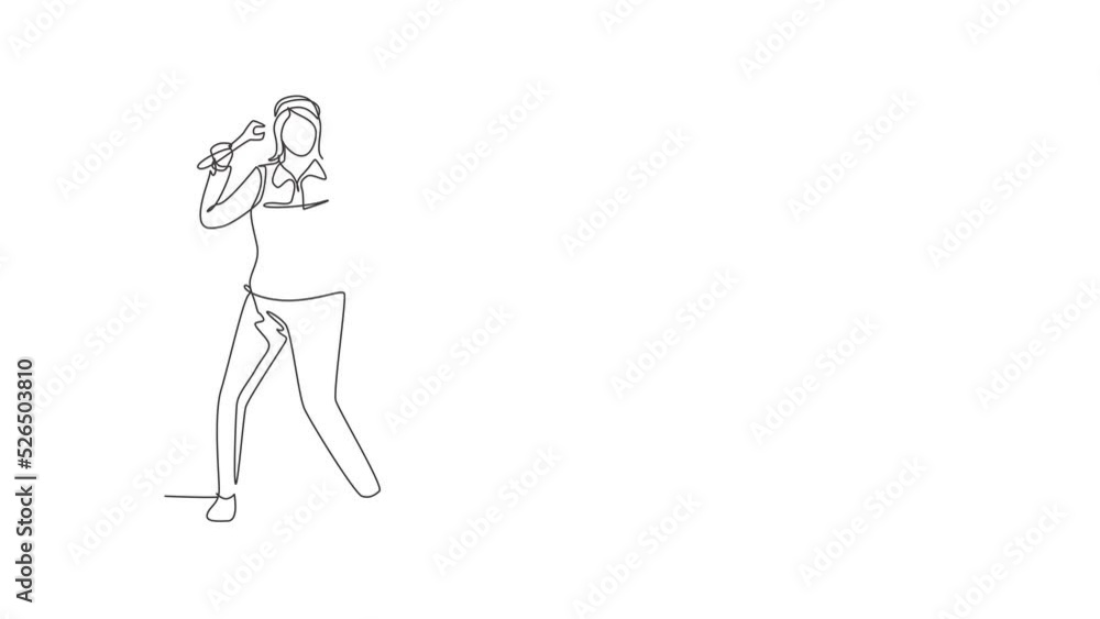 Poster self drawing animation of single line draw mechanic stands up with celebrate gesture and holding wre